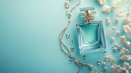 A sophisticated composition featuring a sleek perfume bottle with sparkling jewelry, beautifully arranged on a pastel blue backdrop.の素材