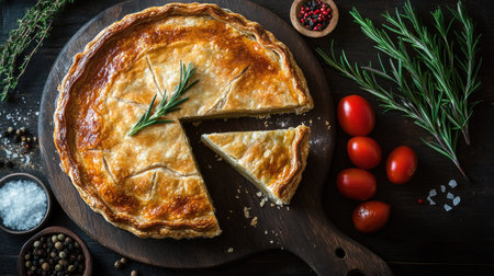 A savory pie with a slice removed, placed on a rustic table with rosemary, salt, pepper, and tomatoes. A perfect depiction of home-cooked food with a focus on healthy eating and dietの素材