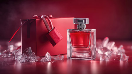 A sleek glass perfume bottle placed beside a red gift box, with mixed pieces of ice and a chic bag completing the stylish gift arrangement.の素材