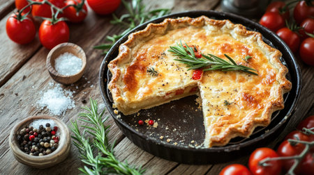 A savory pie with a missing slice, topped with rosemary and surrounded by fresh tomatoes, salt, and pepper on a rustic wooden table. Perfect for a healthy home-cooked meal sceneの素材