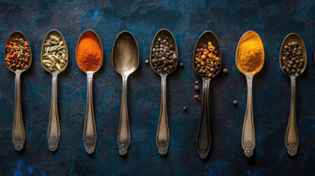 A collection of vintage spoons holding natural spices, arranged on a dark blue concrete surface. The vibrant colors contrast beautifully with the textured background.の素材