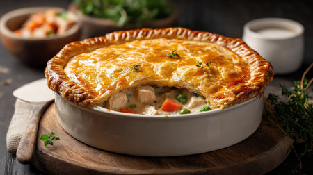 A savory chicken pot pie, its flaky crust opened to reveal a delicious filling of diced chicken, vegetables, and creamy sauce. Perfectly baked and ready to enjoyの素材