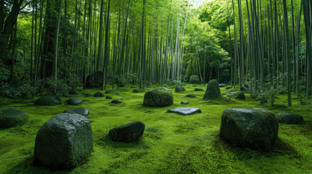 A serene bamboo forest with tall bamboo stalks and moss-covered stones scattered across the green, mossy ground. The peaceful atmosphere is filled with natural beautyの素材
