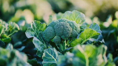 A single broccoli plant in focus, surrounded by lush leaves, growing in a cultivated field. A member of the Brassica oleracea species, similar to cabbage and cauliflowerの素材
