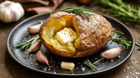 A rustic presentation of a baked potato, split open with melted butter and sour cream, surrounded by garlic cloves and rosemary on a dark plateの素材