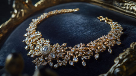 A stunning gold necklace with sparkling gemstones, arranged on a velvet surface, reflecting luxury and intricate craftsmanshipの素材