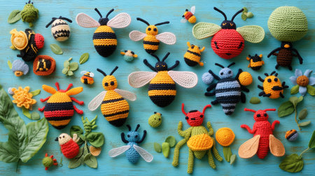 A set of knitted bees and other handmade insects arranged in a playful, colorful pattern. The amigurumi toys are soft and vibrant, perfect for children's decor.の素材