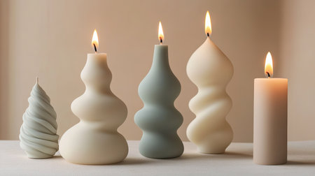 A set of natural soy wax candles, each handmade and uniquely shaped, arranged in a minimalistic and eco-friendly aesthetic.の素材