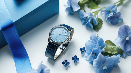 A sleek menaes accessory gift set with a watch, cufflinks, blue flowers, and a blue-bowed gift box, presented against a clean white background.の素材