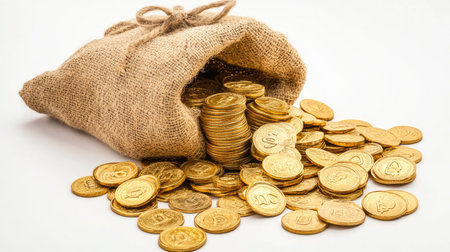 A treasure sack filled with gold coins, some arranged into stacks on a white background. The image symbolizes wealth and fortune.の素材