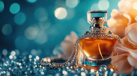 An elegant arrangement of a perfume bottle and sparkling jewelry, including a necklace and earrings, set against a vibrant blue background.の素材