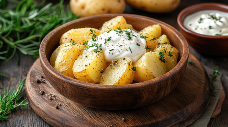 Boiled potatoes served with sour cream and herbs on a rustic wooden board, creating a simple and hearty meal.の素材