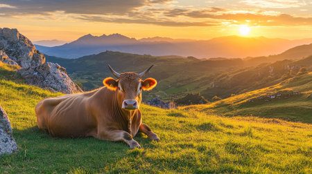 An Asturian Mountain cow relaxes on a grassy lawn, framed by the golden hues of a national park at sunset. Mountains rise in the background.の素材