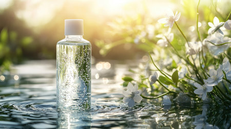 Bottle of hyaluronic acid skincare on water with sunlight reflections. Hydration theme with nature and purity. Close-up focus on water droplets.の素材
