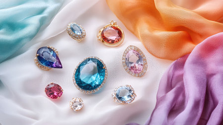 Assorted gem jewelry pieces displayed on a white background and soft colored fabric. Shimmering gemstones in gold and silver settings.の素材