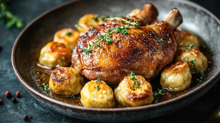 Baked duck leg with perfectly browned dumplings, topped with fresh herbs and served on a ceramic plate. The textures of the dish are captured beautifully.の素材