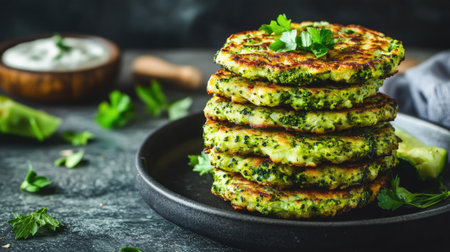 A stack of homemade broccoli and zucchini fritters, crispy on the outside and soft inside, served with fresh herbs and a vegan dip on a rustic plate. Healthy and deliciousの素材