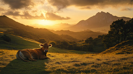 Asturian Mountain cow relaxing on a grassy field at sunset, with mountains in the background and the soft light of a peaceful national park.の素材