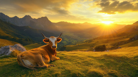 Asturian Mountain cattle cow rests on the green grass of a national park at sunset, surrounded by majestic mountains and a golden sky.の素材