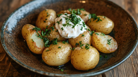 Boiled potatoes with sour cream, garnished with herbs, arranged on a rustic plate. A simple yet hearty side dish perfect for any meal.の素材