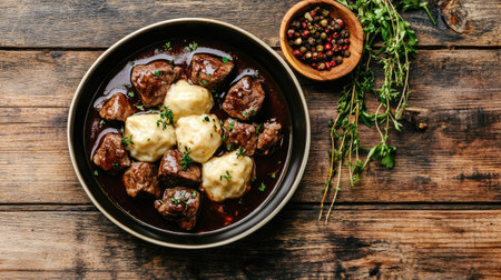 Boiled beef with tender dumplings and a rich sauce, garnished with fresh herbs on a rustic wooden table. The dish looks warm and inviting.の素材