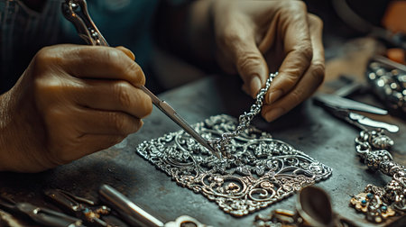 Artisan crafting an intricate silver necklace, using pliers and small tools to shape the metal and attach charmsの素材