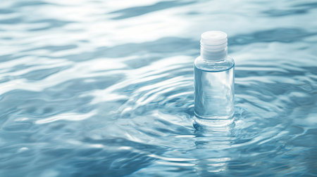 Clear cosmetic bottle floating in calm blue water, representing skin hydration. Hyaluronic acid formula. Natural reflections and ripples. Selective focus on bottle.の素材