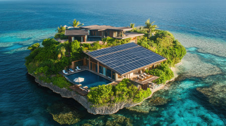 Photovoltaic panels on a hotel roof, harnessing solar energy on an island.の素材