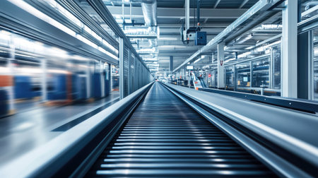 Clean conveyor belt in a high-tech factory, showcasing the efficiency of modern production lines.の素材
