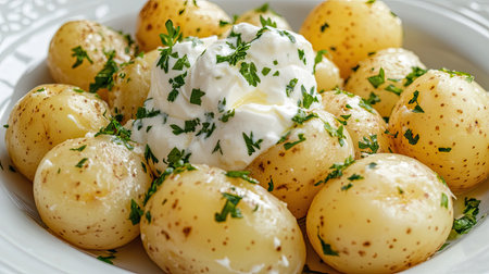 Close-up of boiled potatoes with creamy sour cream, sprinkled with chopped parsley on a white plate. The textures of the dish are inviting and fresh.の素材