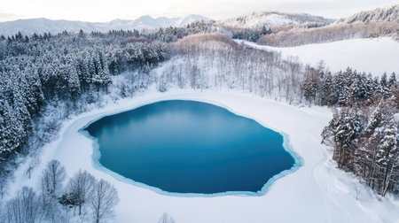 Aerial view of Biei Blue Pond in winter, showcasing the snow-covered surroundings and the striking contrast of the blue water against the white landscape. Hokkaido travel highlight.の素材