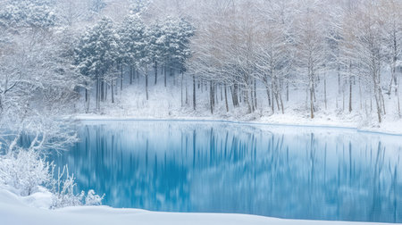Bieiaes Blue Pond surrounded by snow, with branches lightly dusted in white, reflecting the blue hue of the water. A winter wonderland in Hokkaido.の素材