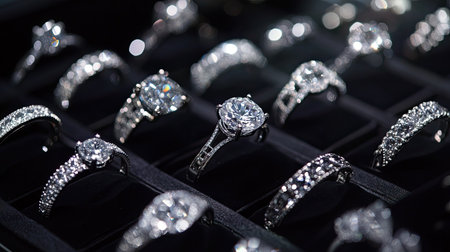 Close-up of diamond rings arranged in a luxury jewelry display case, spotlighted to showcase their brilliance in an elegant retail setting.の素材