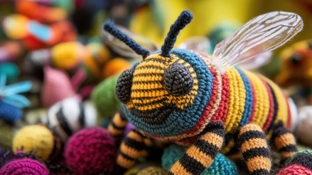 Close-up of an adorable amigurumi knitted bee, carefully crafted with stripes, surrounded by other handmade toy insects in a colorful display.の素材