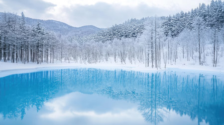 Biei Blue Pond with the backdrop of snow-covered mountains and trees, creating a dreamy winter landscape perfect for a travel destination in Hokkaido, Japan.の素材