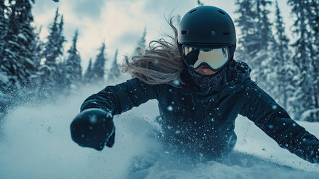 Action shot of a female snowboarder in a helmet and mask, gliding down a snow-covered hill with forest trees in the background, capturing the essence of winter sports.の素材