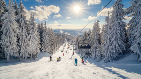 Chair lift packed with skiers and snowboarders heading up the mountain at Poiana Braeov, framed by snow-covered trees under a bright winter sun.の素材