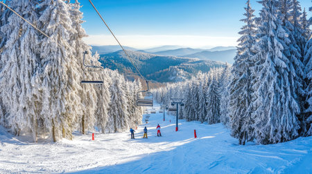 Chair lift and skiers on the slopes at Poiana Braeov, with fresh snow covering the trees and mountain slopes under a clear, bright winter sky.の素材