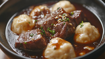 Close-up of boiled beef slices served with soft dumplings and topped with a rich, savory sauce. A comforting and hearty meal.の素材