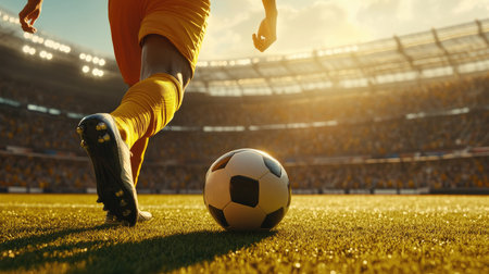 Close-up of soccer player preparing to kick the ball, stadium packed with fans and sunlight illuminating the action, ready for a tournament play.の素材