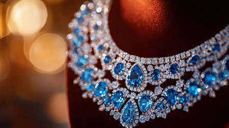 Close-up of an elegant diamond necklace with blue gems, artistically displayed against a velvet background, the selective focus highlighting its intricate details and brillianceの素材