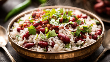 Close-up of steaming Rajma Chawal served with rice and garnished with fresh coriander and green chilies. A classic North Indian dish.の素材