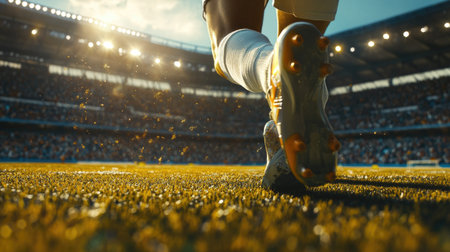 Close-up of soccer player winding up for a strike, stadium packed with fans, sunlight beaming across the field, ready for a championship goal.の素材