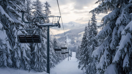 Chair lift stretching across Poiana Braeovaes ski resort, taking skiers up the mountain with breathtaking views of snow-covered trees and slopes below.の素材
