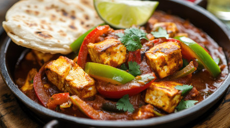 Close-up of Kadai Paneer with bell peppers and onions, served with warm chapati and garnished with lime wedges and coriander.の素材