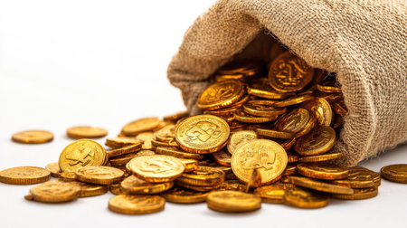 Coins spilling from a treasure sack and stacked in piles on a white background. Bright reflections on the gold emphasize luxury and fortune.の素材