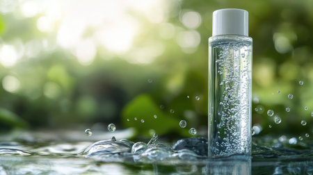 Cosmetic bottle submerged halfway in water with nature-inspired background. Hydration concept using hyaluronic acid. Crystal clear liquid with bubbles.の素材