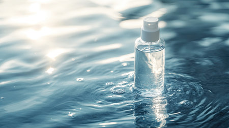 Cosmetic bottle lying flat on a still water surface with light reflections. Hydration concept with hyaluronic acid, nature-inspired. Selective focus.の素材