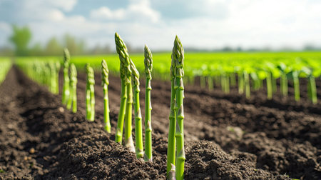 Close-up of young green asparagus shoots sprouting from the soil, with rows of healthy green stalks growing in a field under the open sky.の素材