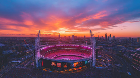 Concert at Wembley Stadium from above, bathed in the rich colors of sunset, with the iconic arch and city skyline in the background.の素材